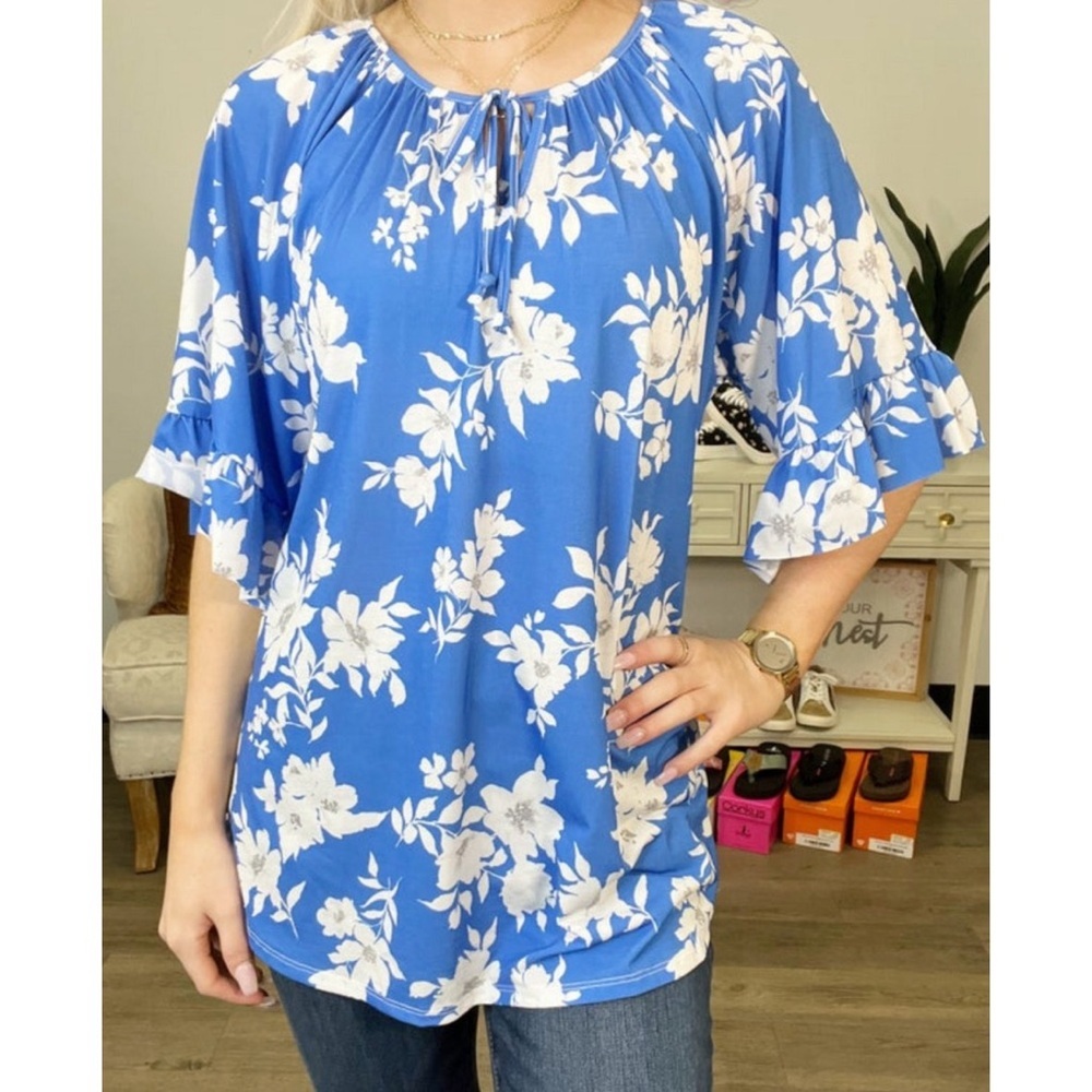 Honeyme Royal Blue/Ivory Ruffle Sleeve Floral Top